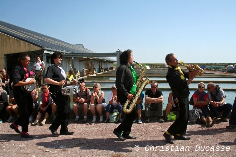 26-JazzHuitres_BabyBrassBand_Jslp11_byDucasse.jpg - Poursuite de la balade "Jazz, Huîtres et Vélos" à deux pas du manoir d'Agon dans la zone ostréicole de Blainville-sur-Mer.Le Baby Brass Band égayait le domaine de production de Patrick Liron.Vendredi 3 juin 2011, Blainville-sur-Mer.